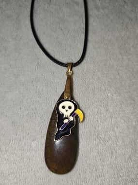 Grim Reaper Enamel Pendant On Brown Iridescent Stone Necklace - Handmade Jewelry